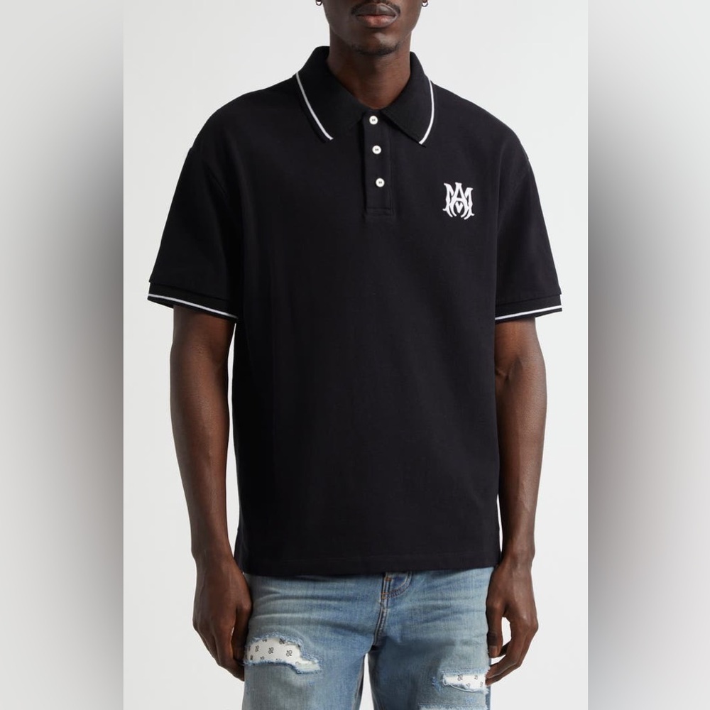 NWT Amiri MA Core Logo Embroidered Cotton Polo Shirt Black/White Size Small